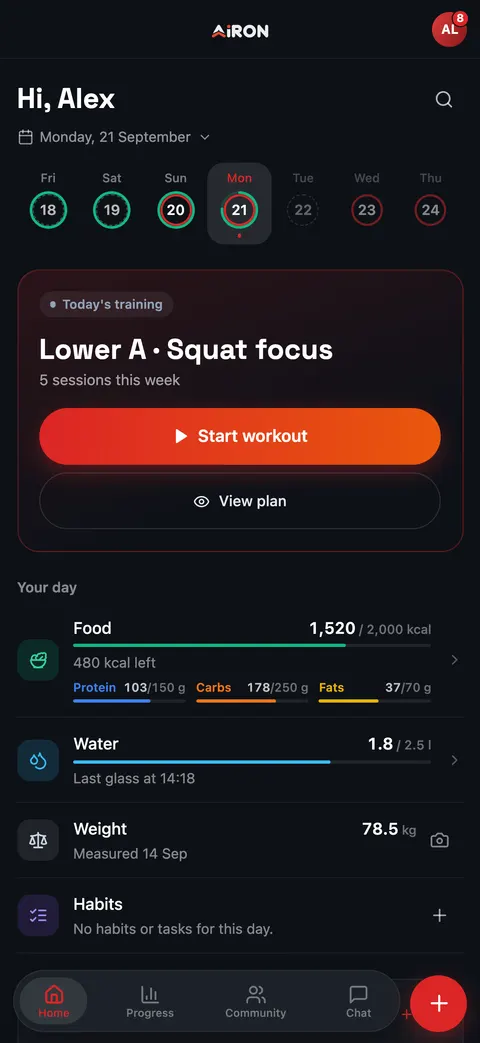 Home screen on a phone: today's session, food, water and weight