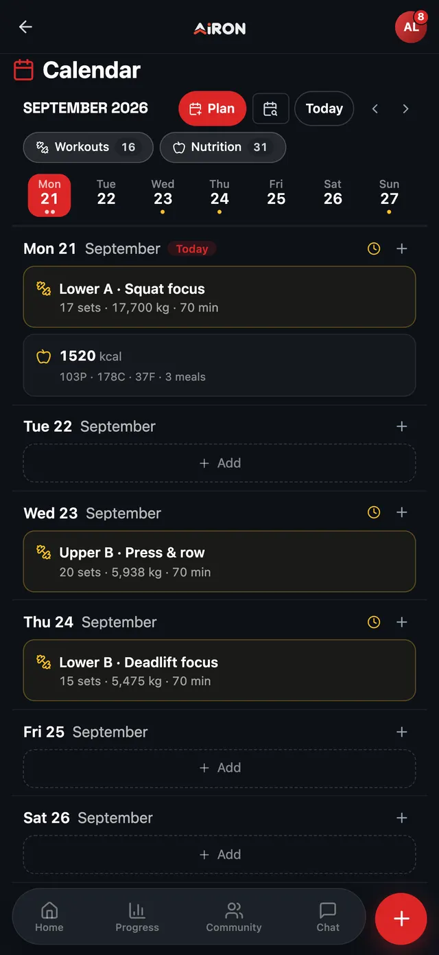 Client calendar for September: today's Lower A with 17 sets, 17,700 kg and 70 minutes, a 1,520 kcal day, then Upper B and Lower B planned for Wednesday and Thursday