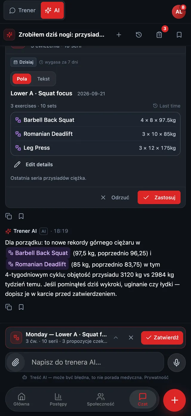 Karta propozycji AI w czacie, czekająca na akceptację