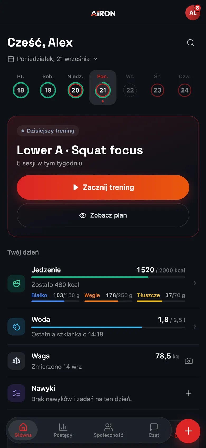 Ekran główny aplikacji AIron.Coach: dzisiejszy trening Lower A, Squat focus z przyciskiem Zacznij trening, a pod nim jedzenie 1520 z 2000 kcal, woda i waga